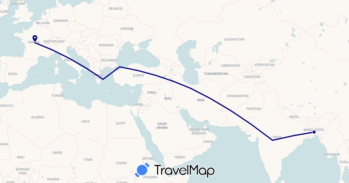 TravelMap itinerary: driving in Bangladesh, France, Greece, India, Iran, Turkey (Asia, Europe)